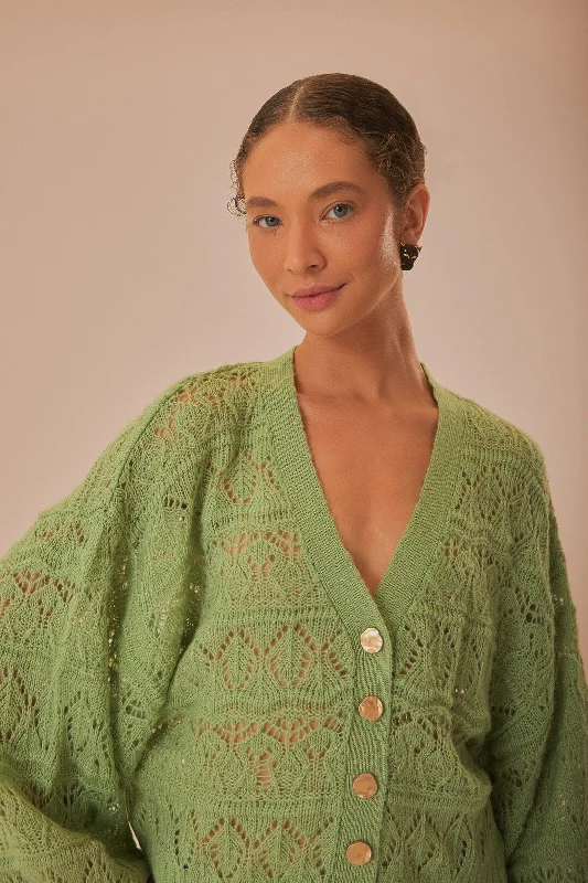 Lightweight Fabric Green Textured Knit Cardigan