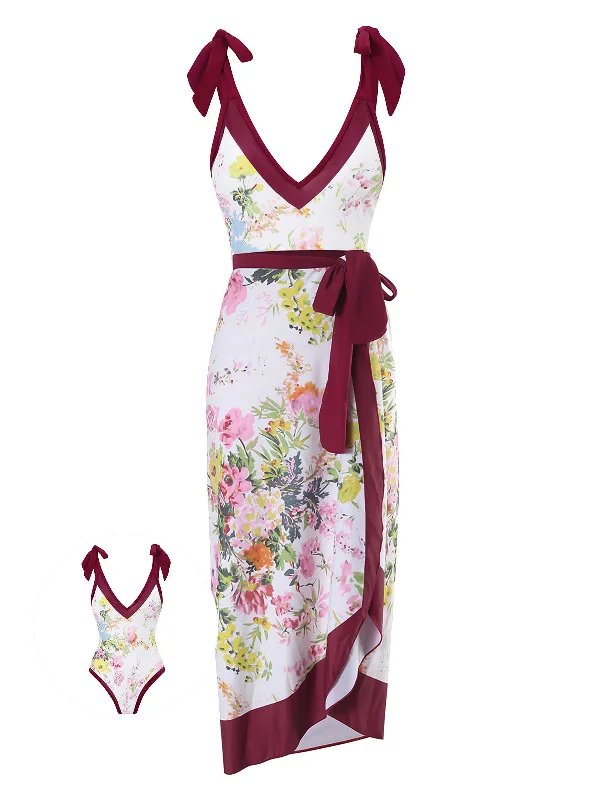 Tropical Island - Inspired Attire 1950s V-Neck Flowers Lacing Swimsuit & Cover Up