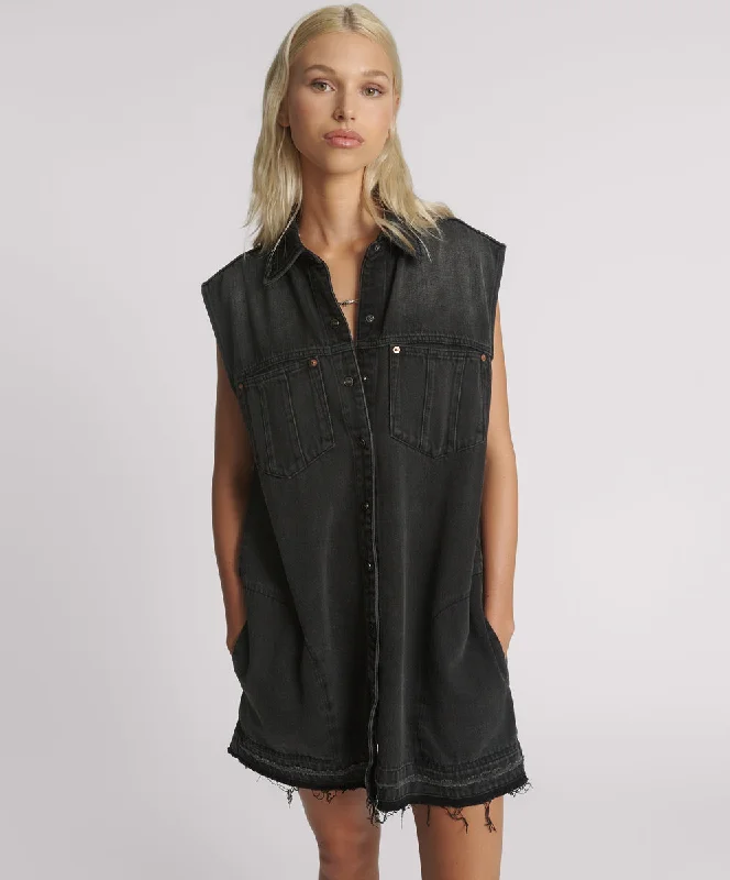 Fashion Sale Denim Shirt Dress - Faded Black