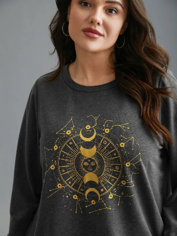 Limited Time Offer Star & Moon Print Round Neck Sweatshirt