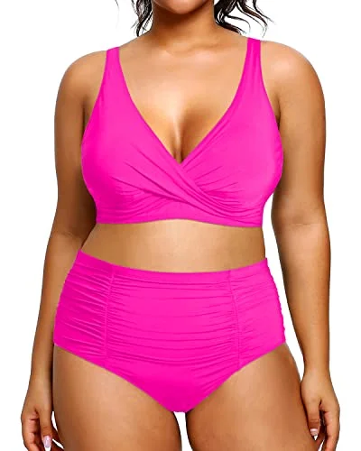 Massive Savings Ruched 2 Piece Plus Size Bikini High Waisted Swimsuits Tummy Control Bathing Suits-Neon Pink