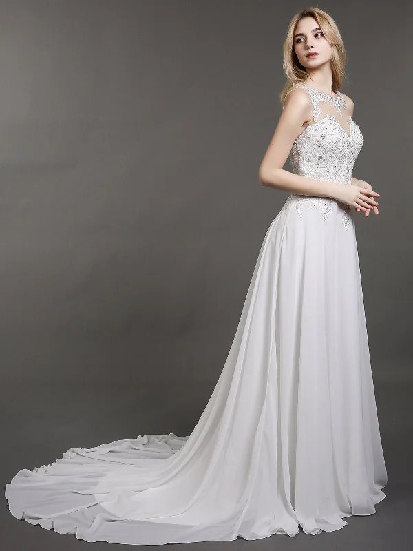 Chic & Cozy Apparel Illusion Neck Chiffon with Beaded Bride Gown-Ivory