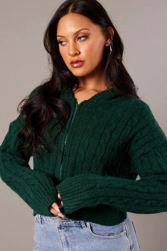 Ethnic Cultural Event Wear Green Hooded Cardigan Long Sleeve Cable Knit Zip Up