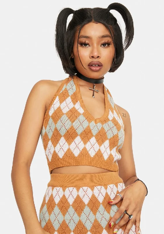 Big Discounts Camel Argyle Halter Top