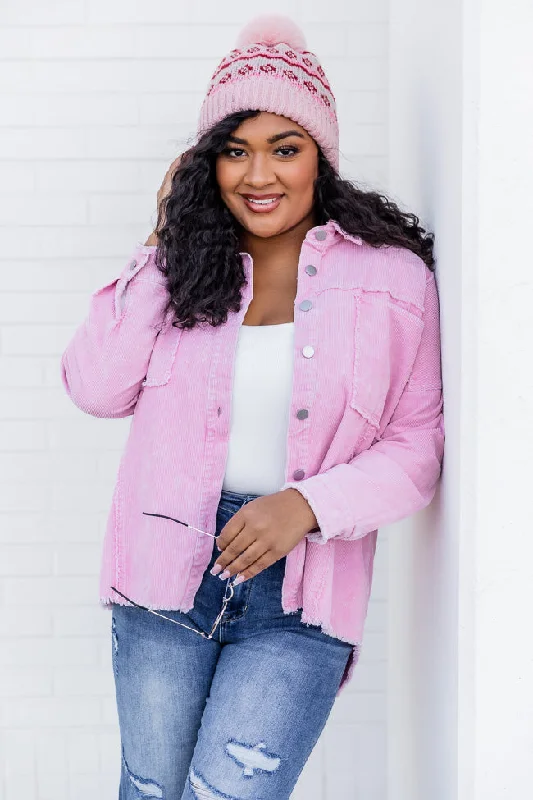 The Epitome Of Modern Women's Fashion Keep Me Grounded Pink Frayed Edge Cord Shacket FINAL SALE