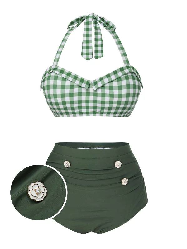 Discount Extravaganza Green Gray 1940s Halter Plaids Swimsuit