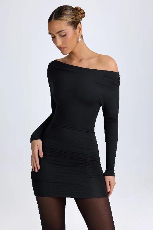 Trendy New Clothes Modal Off-Shoulder Ruched Mini Dress in Black