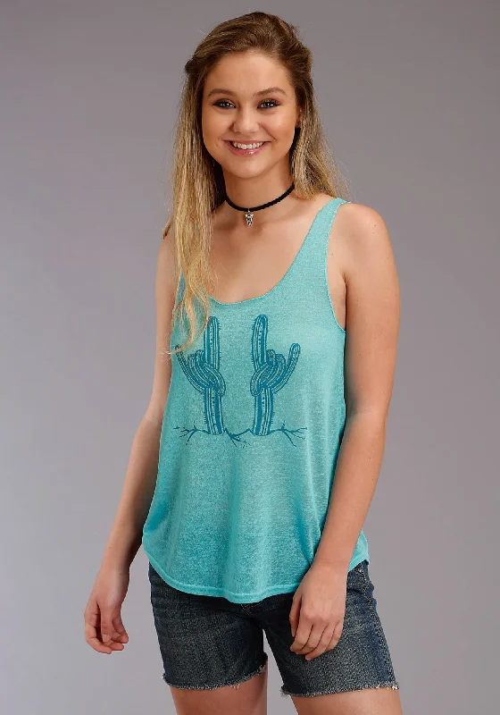 Flash Sale, Don't Miss Roper Womens Turquoise Polyester Rock On Cactus S/L Tank Top