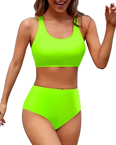 Casual Wear Criss Cross Back Women's High Waisted Two Piece Bikini Sports Crop Top Swimsuit-Neon Green