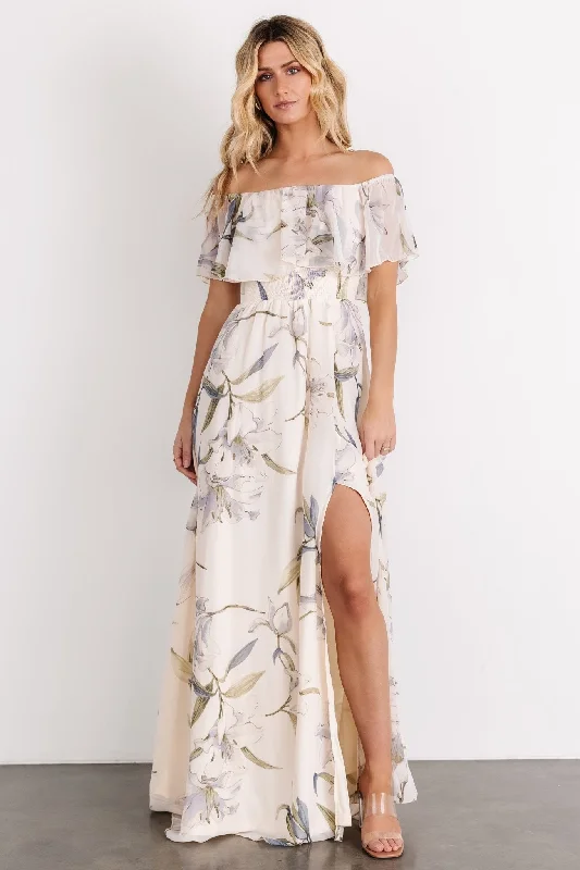 Crazy Discounts, Hurry Up Daphne Off Shoulder Maxi Dress | Beige + Blue Floral