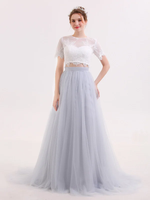 Preppy Style 2 Piece Wedding Dress with Half Sleeves-Silver