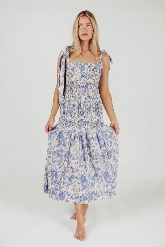 Athleisure Wear Special Offer Marianne Toile Print Midi Dress with Smocking and Tie Accents in Blue - Bump Friendly