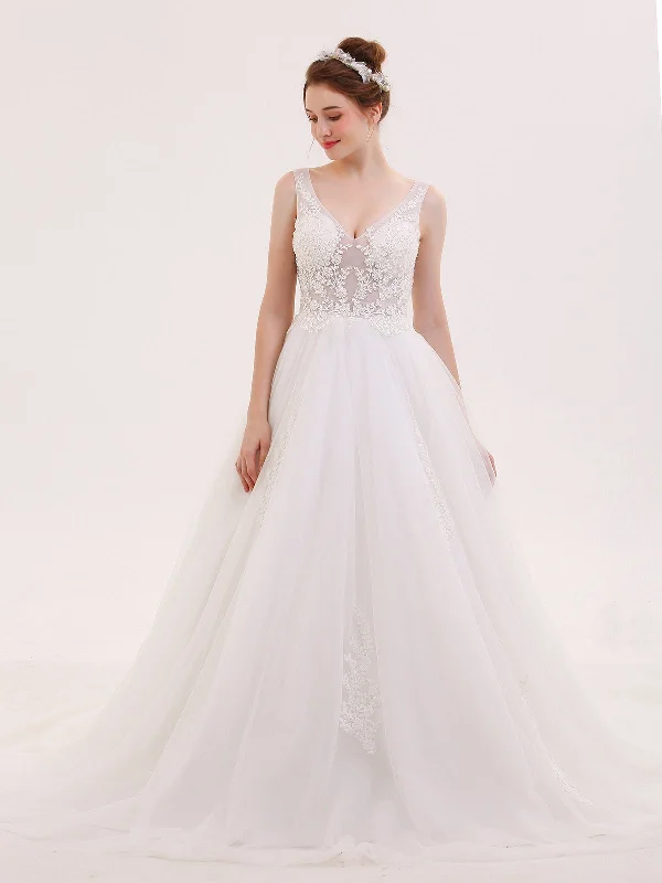 Current Trends V-neck See Through Beaded Wedding Dress-Ivory