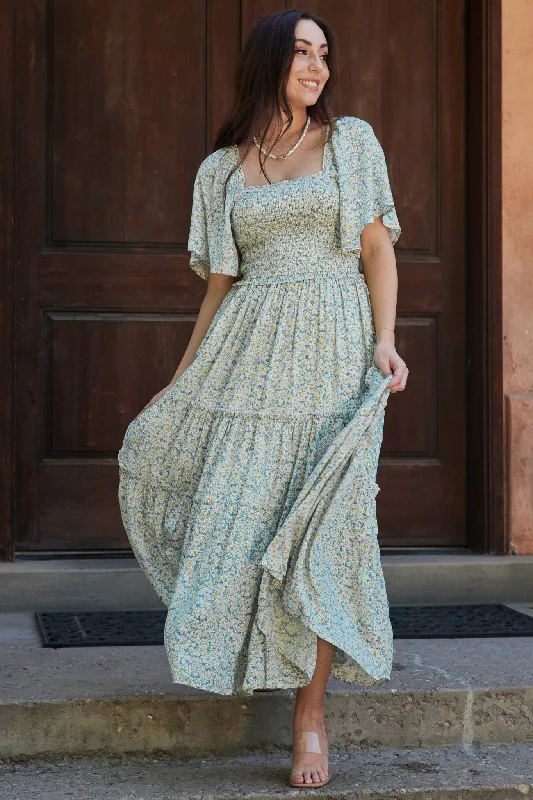 Stylish Savings Regina Smocked Maxi Dress | Green Floral