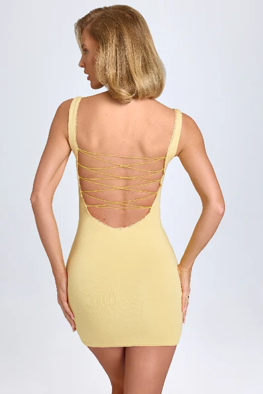 Boutique Styles Modal Lace-Trim Bodycon Mini Dress in Pastel Yellow