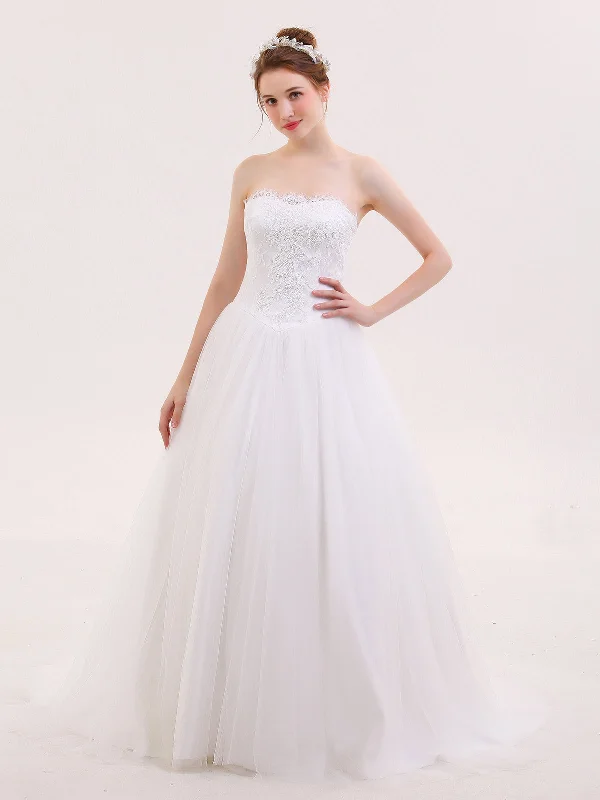 Glamorous Evening Wear Tulle with Appliqued Strapless Bridal Dress-Ivory