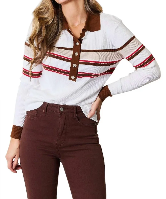 Innovate Your Wardrobe Sophisticated Striped Rib-Knit Blouse In Beige