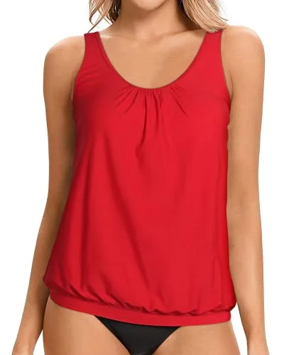 Eclectic Fashion Women's Blouson Tankini Top No Bottom Loose Fit Modest Swim Top-Red