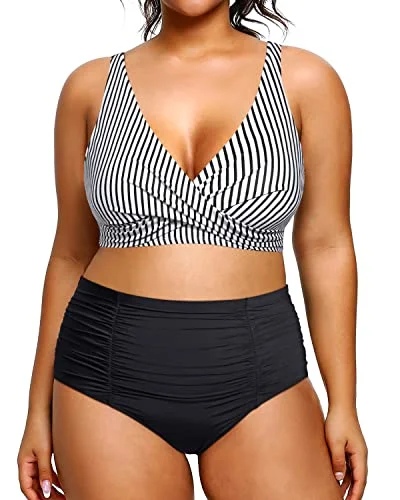 Seasonal Trends V Neck 2 Piece Plus Size Bikini High Waisted Tummy Control Swimsuit-Black And White Stripe