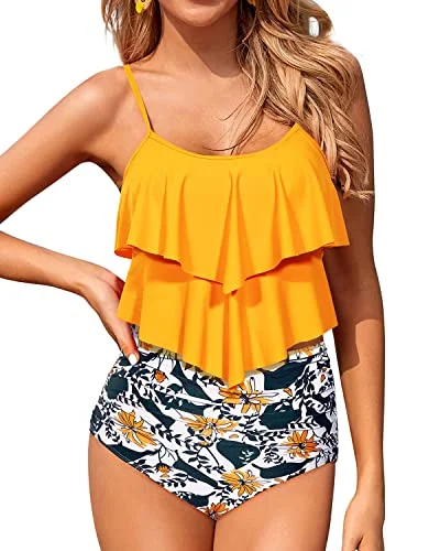 Popular Collection Retro Tummy Control Two Piece Tankini Swimsuits For Women-Yellow Floral