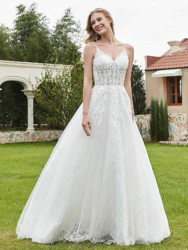 Trend Alert Appliqued Spaghetti Straps Tulle Lace Wedding Dress Ivory