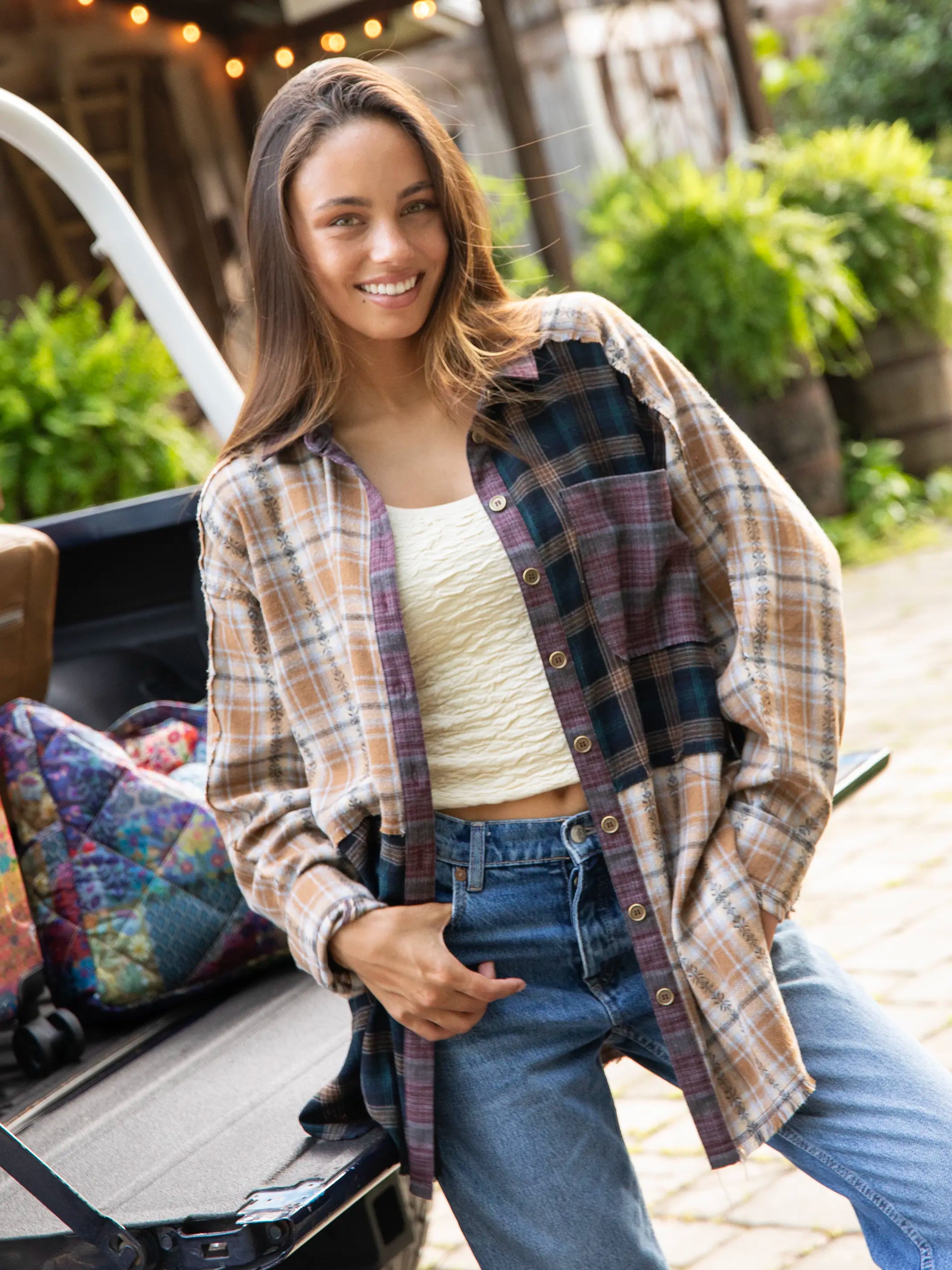 Save On Inspired Styles Elliott Oversized Mixed Flannel Shirt - Tan Navy Mixed Plaid