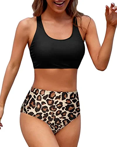 Seasonal Clearance Sporty Women High Waisted Two Piece Bikini Sports Crop Top Swimsuit-Black And Leopard