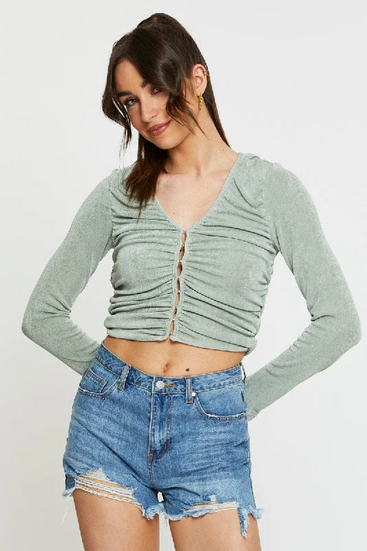 Unleash Your Fashion Green Crop Cardigan Long Sleeve