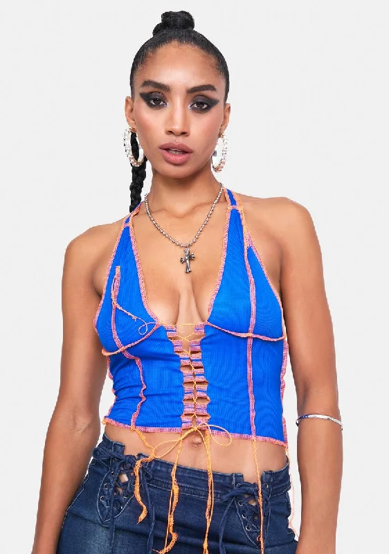 Chic & Cozy Collection Cobalt On The Wave Contrast Stitch Halter Top