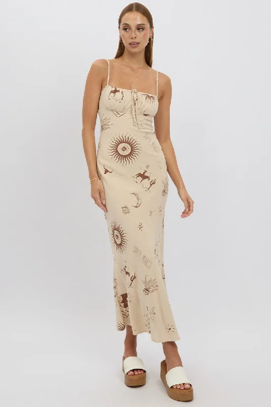 Clearance Event Beige Abstract Midi Dress Strappy