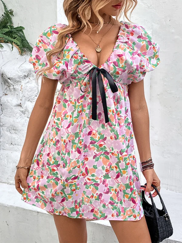 Stay Ahead In Style Cosybreezee - Puff Sleeve Mini Gown for Women with Flower Print