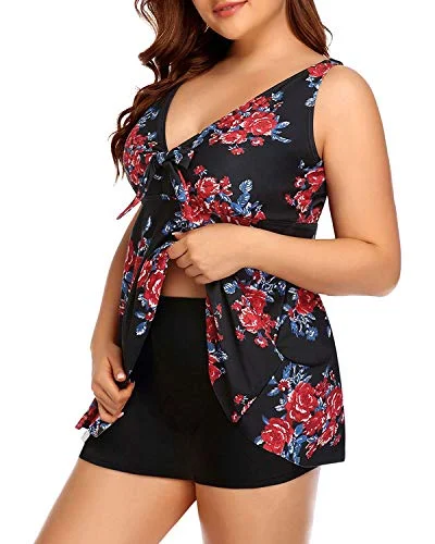 Winter Warm - Up Sale Plus Size Push Up Tankini Top Boy Shorts Tankini Set-Black And Red Floral