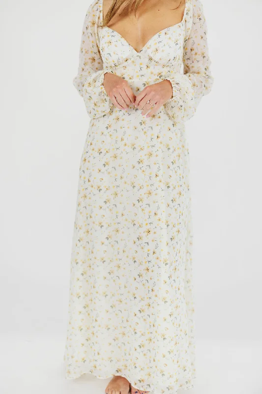 Y2K Nostalgic Fashion Look Parker Smocked Maxi Dress with Puffed Sleeves in Ivory/Yellow - Bump Friendly & Inclusive Sizing (S-3XL)