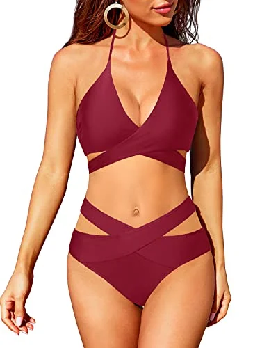 Cutting Edge Fashion High Waisted Bikini Swimsuit Push Up Halter Wrap Criss Cross 2 Piece Set-Maroon