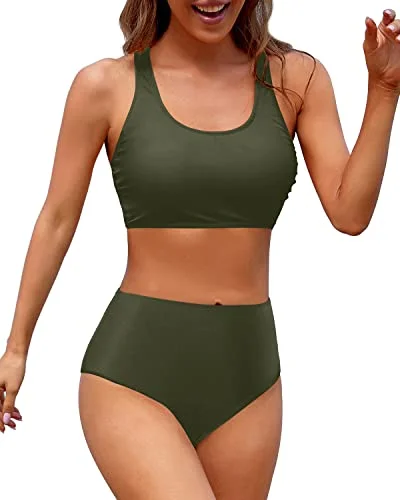 Trendy Street Style Attire Flattering Women's High Waisted Two Piece Bikini Sports Swimsuit-Army Green