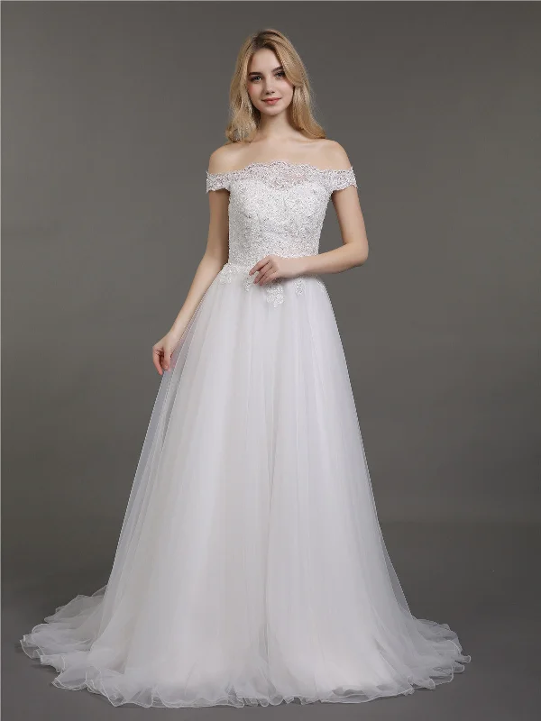 Sophisticated Style Off the Shoulder Lace and Tulle Wedding Gown-Ivory