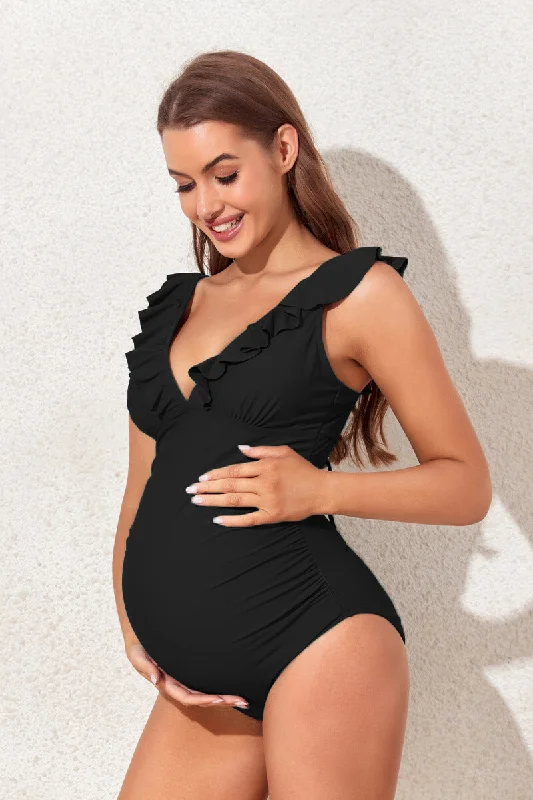 Minimalist Style Ruffled One Piece Maternity Swimsuit With Lace-Up Back Plus Size