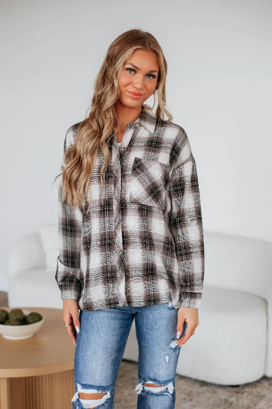 Save On Classic Elegant Styles Rowson Flannel Top - Smoke