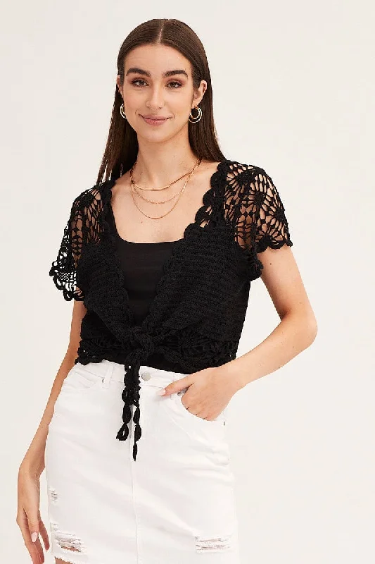 Limited - Time Bundle Black Crochet Cardigan Short Sleeve Tie Up