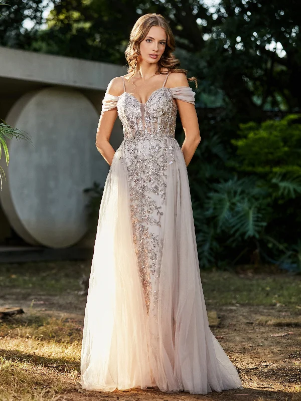 Versatile Wardrobe Essentials Lace Up Back Off Shoulder Tulle Gown Champagne