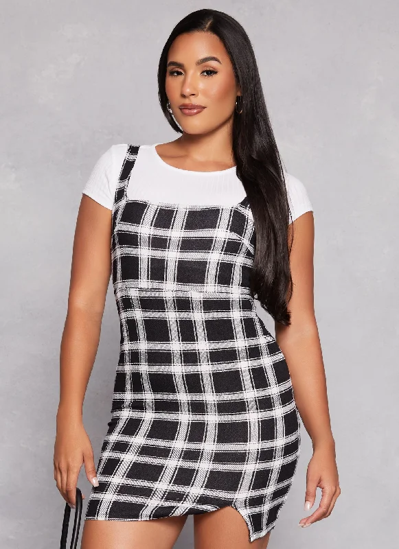 Dive Into Trendy Women's Fashion Almost Famous Plaid Tank Dress with Tee