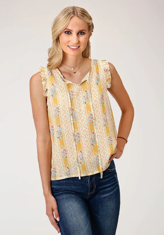 Classic Charm Roper Womens Yellow Rayon/Nylon Wallpaper Print S/L Shirt