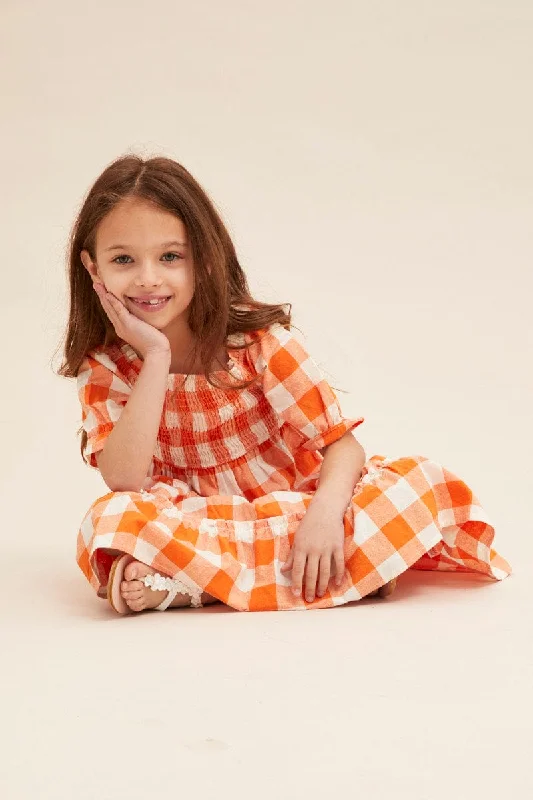 Big Savings On Rustic Countryside Styles Orange Check Kids Midi Dress Short Sleeve Square Neck