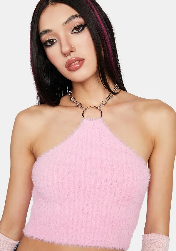 Chic And Edgy Pink Fuzzy Halter Top