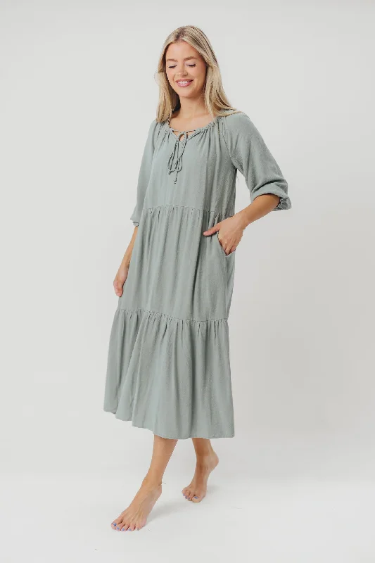 Great Deals On Ethnic Cultural Wear Avery Tiered Linen-Blend Midi Dress in Sage - Bump Friendly and Inclusive Sizing