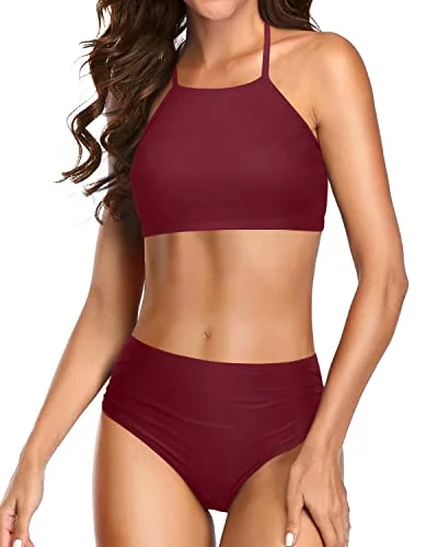 Fashion Forward Adjustable Halter Tie String Bikini Sets For Women Bathing Suits-Maroon