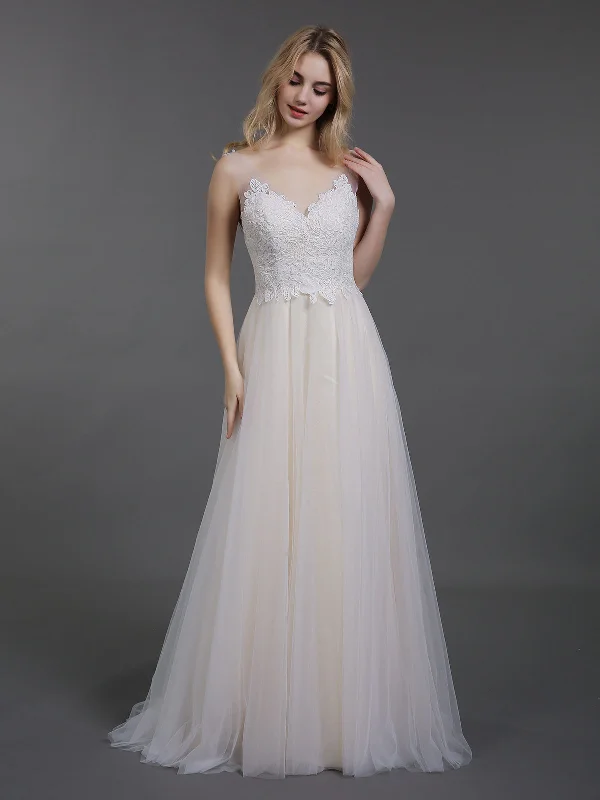 Evening Elegance Lace Bodice Tulle Skirt Sweep Train Bridal Gown-Ivory