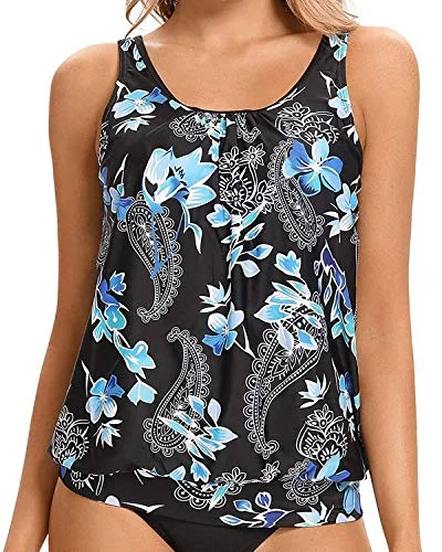 Elevate Your Wardrobe Flattering Black Blouson Tank Top Women's Tankini Tops Only-Blue Floral