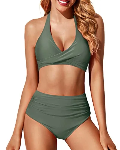 Forward Trendsetter Twist Front Halter Bikini Set With High Waisted Bottoms For Women-Olive Green