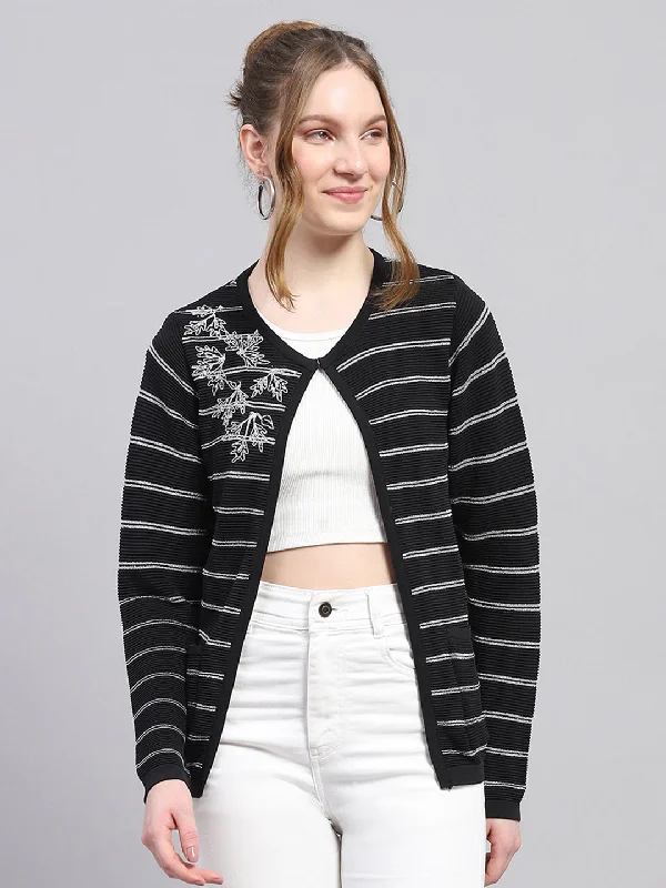 Best Sellers Women Black Stripe Round Neck Full Sleeve Cardigan